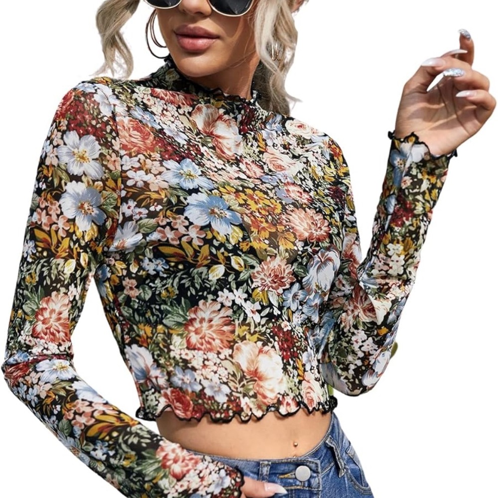 Vibrant Floral Long Sleeve Crop Top